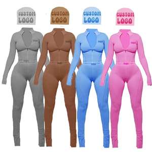 Completi Sportivi Due Pezzi da <span class=keywords><strong>Donna</strong></span> con Logo Personalizzato, Crop Top e Leggings Aderenti Fitness ad Alta Elasticità OEM - Product Image 1