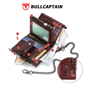 BULLCAPTAIN Chain Wallet <b>Men</b> <b>Purse</b> Double Zipper Cowhide Coin <b>Purse</b> Card Holder Rfid Blocking Genuine Leather Wallet <b>Men</b> Bag - Product Image 3
