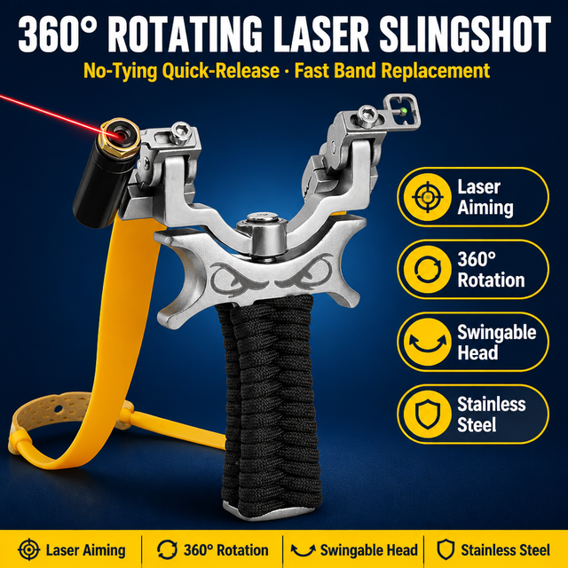 Stainless Steel Slingshot with Laser Sight 360 Degree Rotating Fork Hunting Catapult Flat Rubber Band Quick Release Shooting