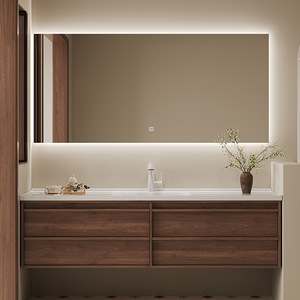 <span class=keywords><strong>Mueble</strong></span> de Baño Moderno Personalizado de Estilo Retro <span class=keywords><strong>con</strong></span> Encimera de Madera Maciza Color Café, Lavabo de Una Pieza Curvado en Caliente y Espejo - Product Image 1