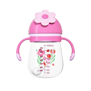 Baby feeding bottle breast feeding device with straw food grade silicone nipple fall-proof baby bottle