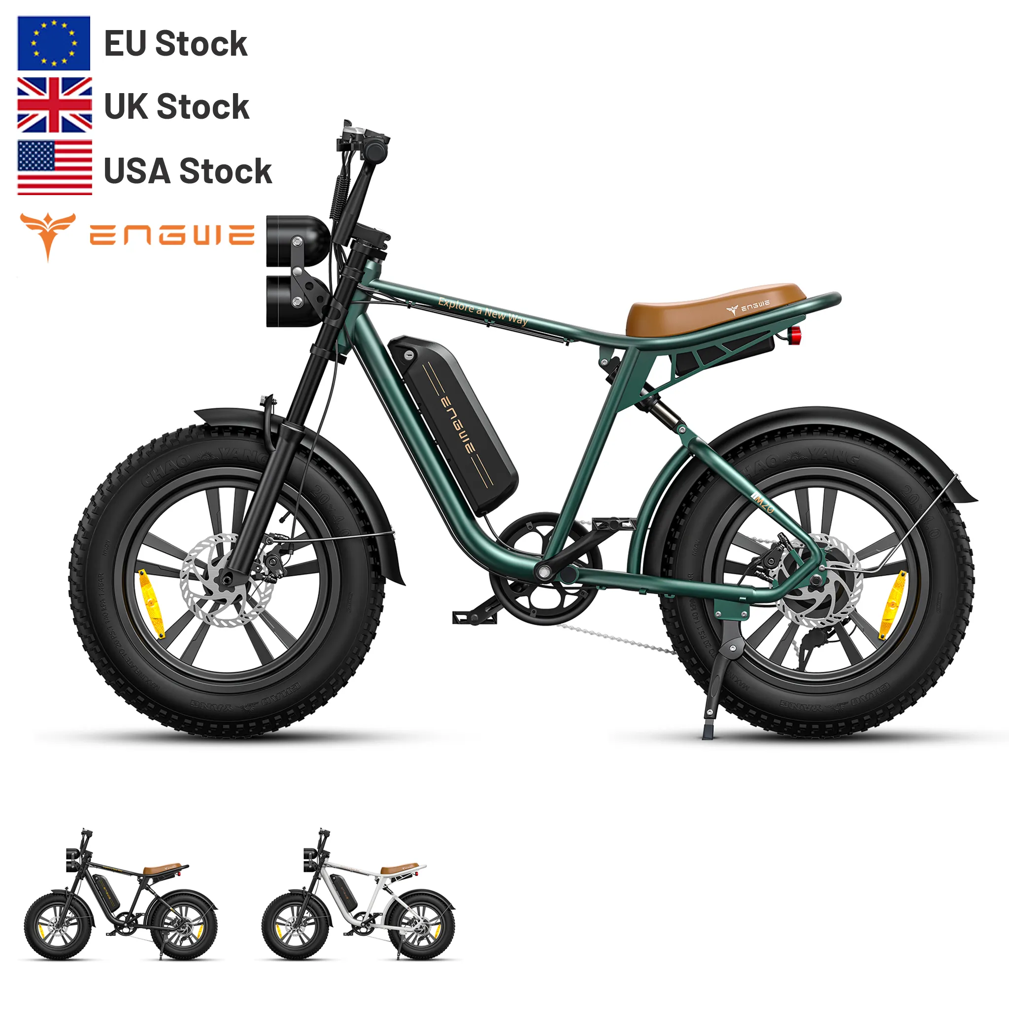 US Stock ENGWE M20 새로운 디자인 전기 자전거 빈티지 레트로 전자 자전거 20in 지방 타이어 전기 산악 자전거