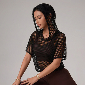 Women Short Sleeve Mesh Hooded Tshirts 92% Polyester 8% Spandex Sports Yoga <strong>See</strong> <strong>Though</strong> Tshirts Fishnet <strong>Tops</strong> - Product Image 3