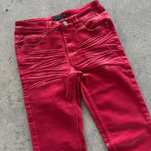 Red Flare Denim Jeans High Waist Ruched Solid Color Casual Cotton <b>Pants</b> Spring Style Stacked <b>Boot</b> Cut Midweight Fabric Jeans - Product Image 2