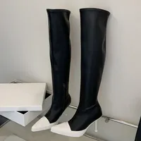 Bottes longues pour femme, style punk sexy, à talons hauts fins, bout pointu, au-dessus du genou, antidérapantes, design multicolore, avec fermeture éclair