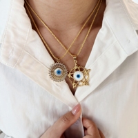 Kalung Liontin Berlian Zirkon Mata Iblis Kristen Fashion, Rantai Emas 18k, Set Perhiasan Kalung untuk Wanita