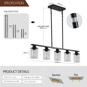 Lampu Pulau dapur hitam 5 lampu, perlengkapan lampu ruang makan diatas meja dengan naungan kaca untuk meja kolam, wastafel, Bar E26 - Product Image 5