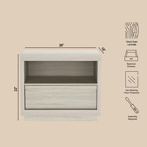 Nightstand In Whitewashed Oak Wood Finish With Open <b>Shelf</b> And Drawer Storage For Bedroom Use - Product Image 4