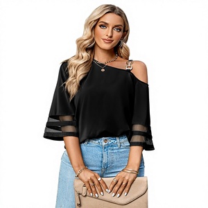 2024 Women's Sexy Casual <b>Satin</b> <b>Blouse</b> Mesh Panel Off-Shoulder Slim Fit Breathable Eco-Friendly Top Party Clubwear Metal Buttons - Product Image 2