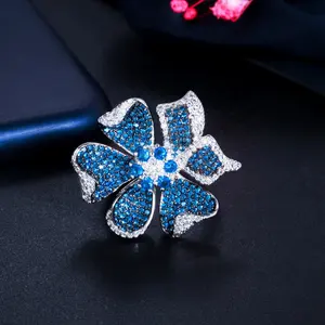 Top Shiny Beautiful Large Flower Shape Blue Cubic Zircon Wedding Party Adjustable Fidget Rings for Women Decoration Jewelry