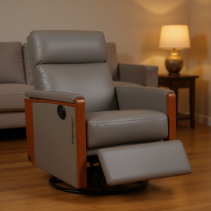 Fauteuil inclinable pivotant moderne en similicuir gris, structure en bois, commande manuelle, assise moelleuse, accoudoirs rembourrés, mobilier de salon - Product Image 2