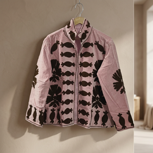 Pink Hand Embroidered Floral Pattern Mandarin Collar <b>Blazer</b> Full Sleeve Breathable Cotton Women's Autumn Winter Wear - Product Image 3