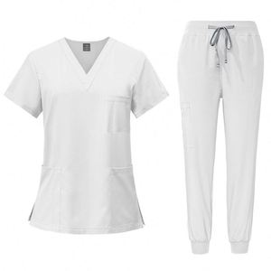 Ensemble de blouses médicales personnalisées avec logo pour femmes et hommes, haut extensible à col en V et pantalon, cadeau promotionnel - Product Image 3