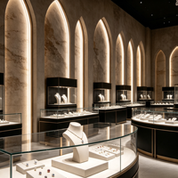 Comptoir d'exposition incurvé pour boutique de bijoux de luxe artistique, personnalisation complète de l'ensemble du magasin