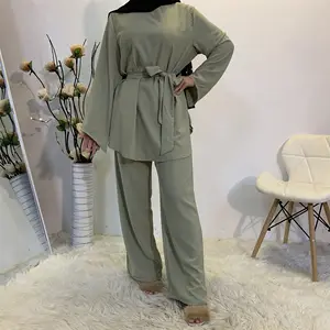 High Quality Pure Color Two Pieces Set Simple Blouse And Loose Wide Leg Pant Office Fashion Sets Muslim Modest Abaya Set