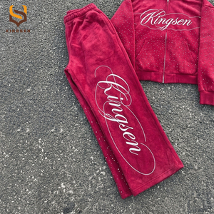 Fabricante de Ropa Personalizada OEM, Conjunto de Sudadera con Cremallera y Efecto Ácido, Pantalones Deportivos Holgados con Logotipo Impreso en DTG y Pedrería - Product Image 3