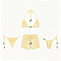 Ensemble bikini en velours OEM, décoré de perles, haut triangle dos nu, bas à nouer sur les côtés / short / string, maillot de bain de luxe deux pièces pour la plage