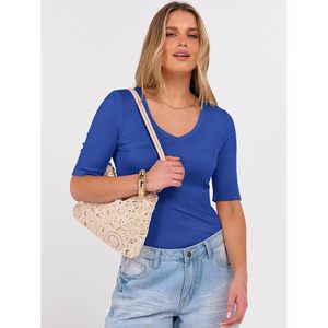 Camiseta de punto acanalado con cuello en V y manga corta para mujer, top básico informal de verano - Product Image 6
