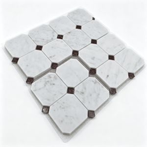 Mosaïque de marbre blanc Carrara octogonal 300x300mm, dos en filet, avec copeaux de marbre brun rouge pour salle de bain, cuisine et intérieur. - Product Image 3