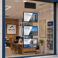Layar Digital Signage Tiga Layar FHD 21,5 Inci Menghadap Jendela untuk Agen Real Estat, Tampilan Properti 24/7