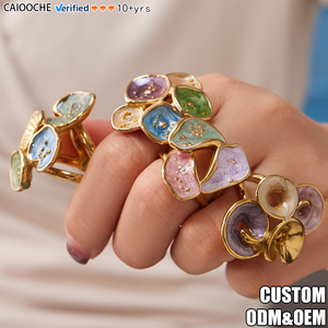 CAIOOCHE Nouvelle <span class=keywords><strong>Bague</strong></span> Femme en Acier Inoxydable Motif Feuille Géométrique Colorée Effet Goutte d'Huile, Bijoux Anti-ternissement, Vente en Gros, Haute Qualité - Product Image 1