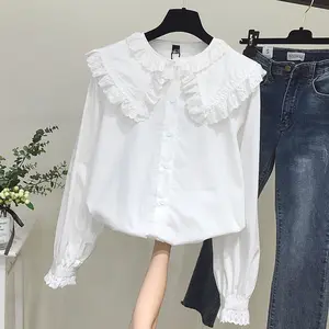 Cotton Shirts Blouse Women Stand Collar Lantern Long Sleeve Cotton Tops Female Elegant Fashion Clothes