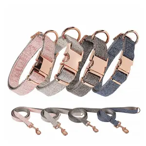 Amazon Hot Selling Groothandel Nylon Keper Hond Halsband Verstelbare Luxe Metalen Goud Metalen Gesp Tweed Huisdier Kraag En Riem Set