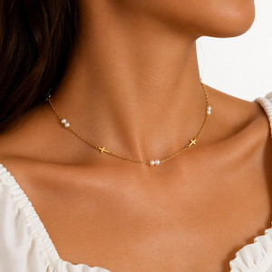 Collar de cadena de oro con cruz y perlas, dos dijes de cruz, pares de perlas, inspirado en la fe, ajustable, joyería diaria para mujer - Product Image 6