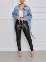 Loveda veste en jean courte et habillée avec logo personnalisé pour femmes veste en jean à pampilles avec grille arrière et poche