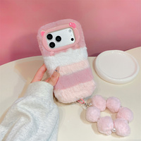 Coque de téléphone en peluche Kawaii aux couleurs pastel avec blocs de couleur pour iPhone 17 Pro Max 16 15 14 13, avec dragonne pompon moelleuse et protection intégrée