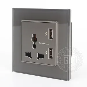 World widely used practical gray tempered glass 230V 13A 3-pin Universal plug double USB wall socket
