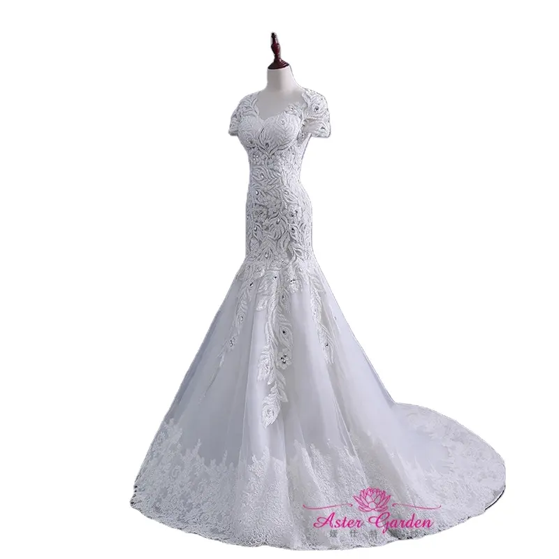Marke Vestido de Noiva Ballkleid Meerjungfrau Prinzessin Illusion Zurück Hochzeit Sweep Zug Kleid Perle Spitze Illusion Kurzarm s164
