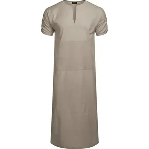 Robe en lin à col en V pour <span class=keywords><strong>homme</strong></span>, manches courtes, kaftan, thobe, longue tunique décontractée pour la plage, l'été, OEM/Personnalisé - Product Image 5