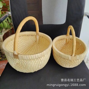 Rattan <b>Baskets</b> Natural Wood Color Circle Shape <b>Stackable</b> With Handle For Home Storage And Decoration - Product Image 4