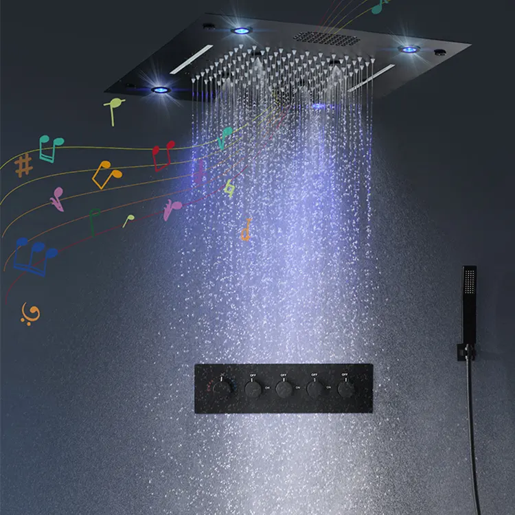 Bathroom Accessories 304 Stainless Steel Spraying Matte Black brass Ceiling Head Music Colorful Led Light Shower