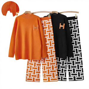 Ensemble haut et jupe en tricot à motifs géométriques décontractés pour femmes, manches longues, taille plus, 100% polyester, lavable - Product Image 4