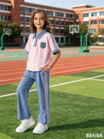Ensemble deux pièces polo pour filles, haut à manches courtes et pantalon large rayé, tenue décontractée d'été pour enfant avec broderie cœur