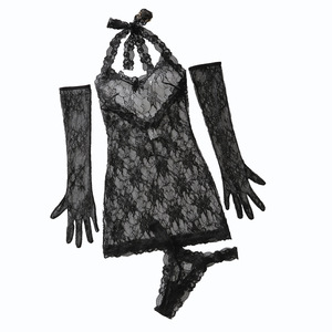 Sexy dames lingerie set met kant, bloemenprint, halterjurk met open rug, string en handschoenen, 4-delig erotische kostuum - Product Image 5