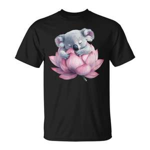 T-shirt Koala Hugging Lotus Flower Noir Unisexe Adulte Col Rond Manches Courtes Imprimé Numérique Usage Promotionnel Tailles S M L XL XXL - Product Image 1