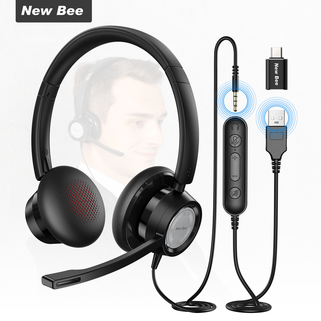 New Bee New Design On-Ear Wired Headphone PC Headset USB Headset Call Center Headphone with Noise Cancelling