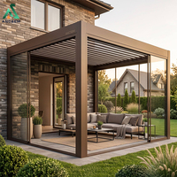 Pergola murale à lames orientables ANCSEM avec panneaux de verre coulissants sans cadre, toit motorisé réglable, pour terrasse extérieure et salon de jardin