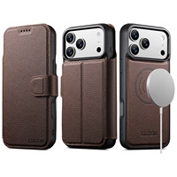Casing HP iPhone 18 Promax Flip Card Insert, Magnetic Suction Wireless Charging Stand, Warna Blok Kulit