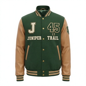 Veste universitaire personnalisée avec logo, pour homme, en cuir vert et marron, lettres brodées 45, style preppy, vêtements d'automne - Product Image 1