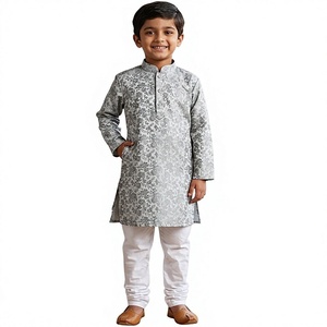 Kurta Bandhani para Niños, Color Gris Claro, Jacquard Floral de Seda, Largo hasta el Suelo, Secado Rápido, Pijama Blanco, Corte Regular, Ropa Tradicional Informal - Product Image 1
