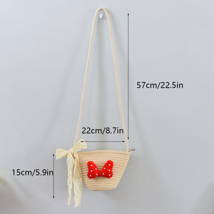 Sac bandoulière en rotin tressé pour femmes et enfants, style bohème rond avec fermeture éclair et nœud rouge, sac de plage portable - Product Image 2