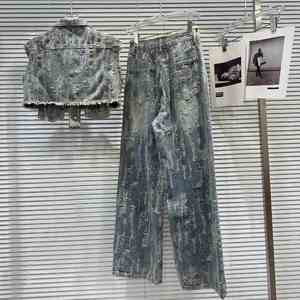 Fabricants de vêtements pour femmes, hauts <span class=keywords><strong>et</strong></span> pantalons streetwear, ensemble en <span class=keywords><strong>jean</strong></span> denim personnalisé, tenue pour femmes, strass déchirés, ensembles pour femmes - Product Image 2