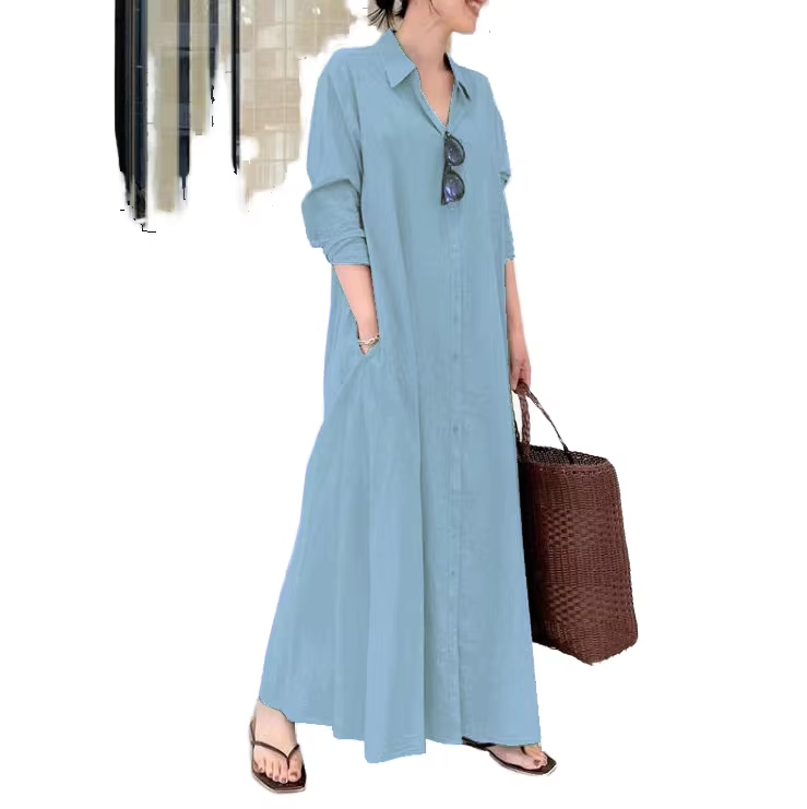 Wholesale Pure Color Cotton and Linen Long hirt Dress with Turnover Collar Long leeves Patch Pockets imple Loose and Casual tyle olid pattern Casual