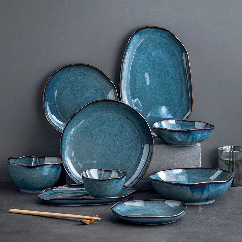 Japanese retro style luxury blue dish plate bowl ceramic dinner set cheap price factory direct from Chaozhou