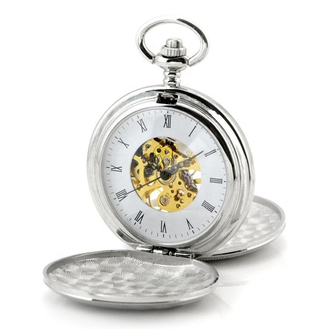 Fast Shipping Retro Double Hunter Skeleton Mechanical Pocket Watch with Chain