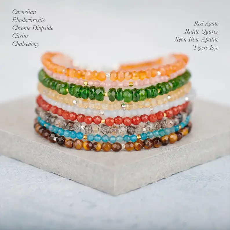 Custom 2-4mm Gemstone Stacking Bracelets Dainty Moonstone birthstone Faceted Natural crystal Beaded Bracelet
